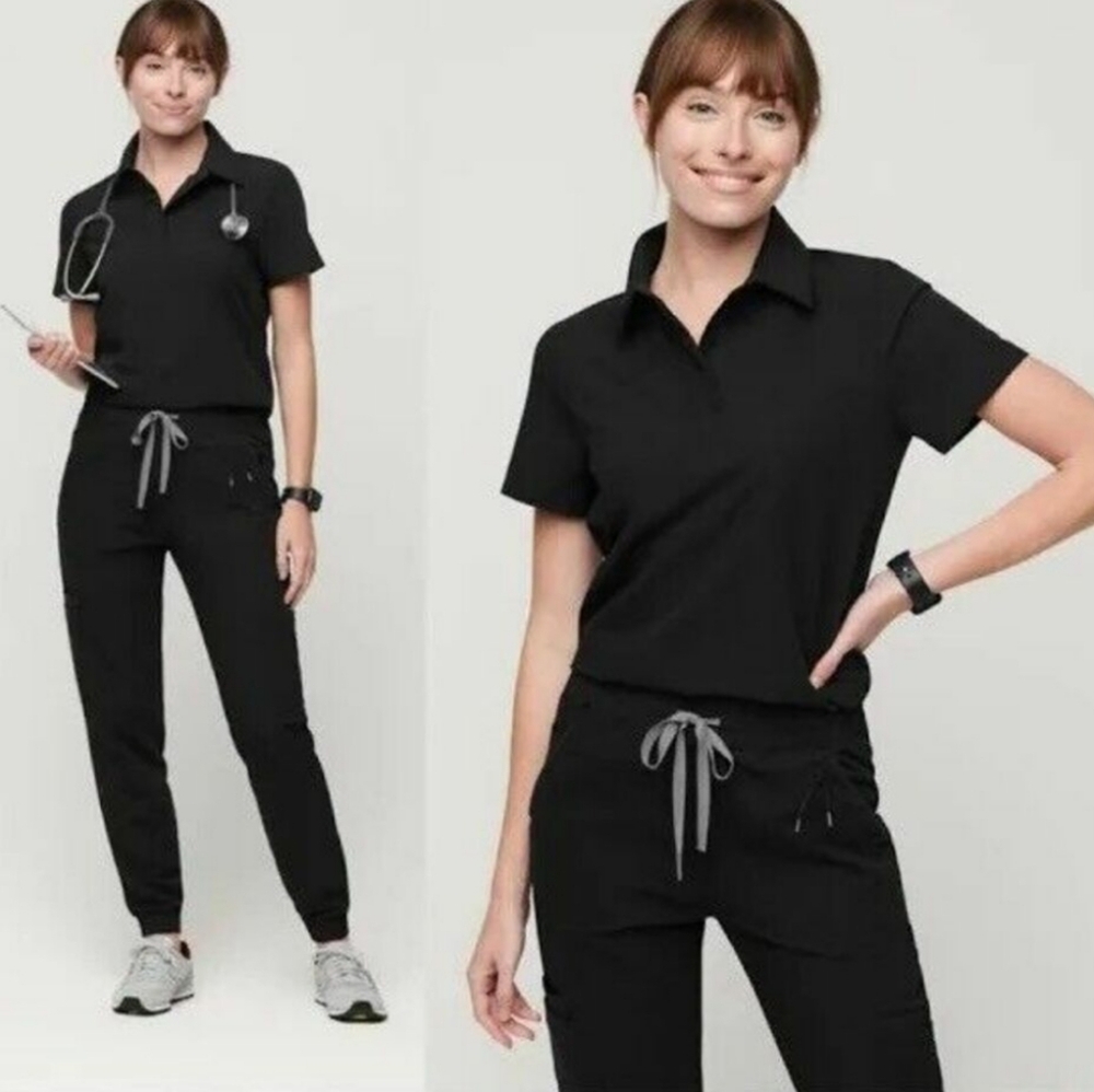 Figs Black Polo Scrub Top